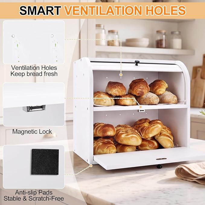 Alpeir Roll Top Bread Box with Cutting Board for Kitchen Countertop, White | Large Breadbox with Ventilation Holes, Double Layer Pantry Shelf, Wooden Homemade Bread Storage Container, Vintage Farmhouse