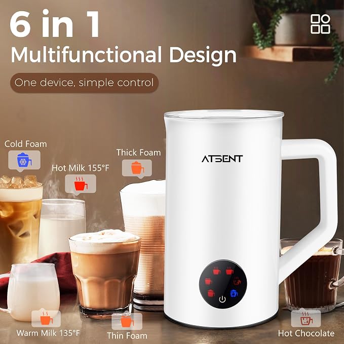 Milk Frother and Steamer, 6-in-1 Hot and Cold Foam Maker, Electric Milk Steamer with Auto Shut-Off, Pure White