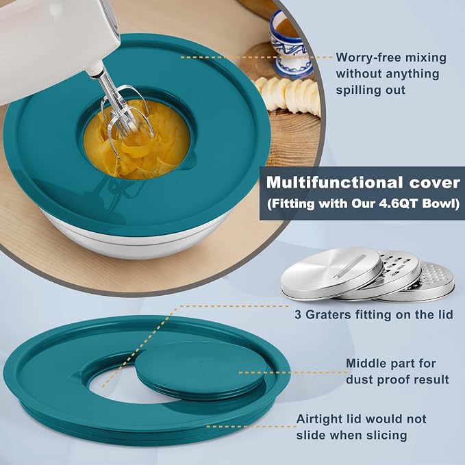 P&P CHEF Mixing Bowls with Lids Set of 6, Nesting Salad Bowl, Blue | Stainless Steel Bowl & 3 Grater Attachments & Plastic Lid, For Prepping Baking Storing, Sizes with 4.6/2.6/2/1.5/1/0.7 QT
