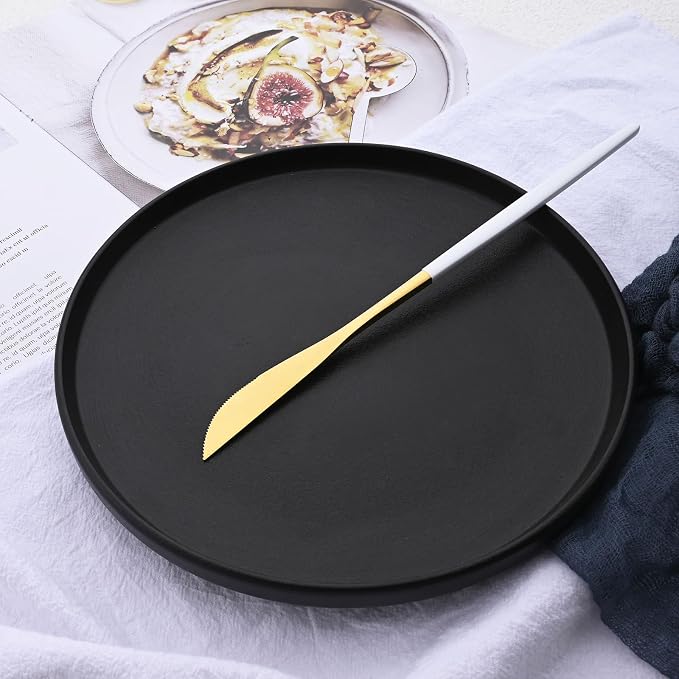 Mirror Silverware Set, 24-Piece 18/0 Stainless Steel Flatware Set For 6, Gold and White Color Forks Spoons Knives Cutlery Set For Home Restaurant, Lightweight and Flat handle