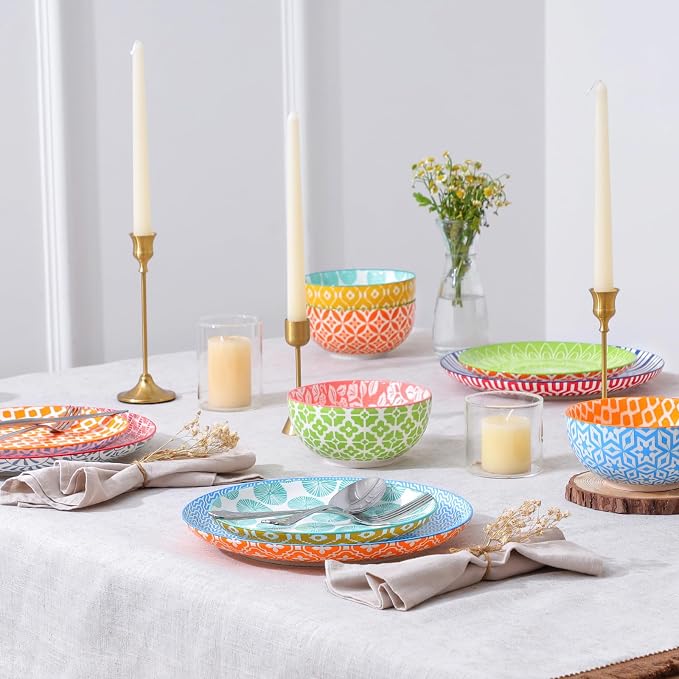 Selamica Ceramic Plates and Bowls Sets,24 Pieces Dinnerware Sets for 8,Scratch Resistant Dish Set for family gathering,Dishwasher & Microwave Safe, Assorted Colors