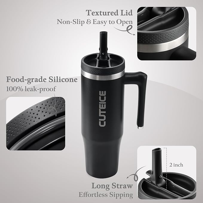 100% Leakproof Iced Travel Coffee Tumbler with Lid and Handle 30 oz Black Flip Straw Water Bottle for adults Dishwasher Safe Insulated Stainless Steel Water Cup for Car Office Black