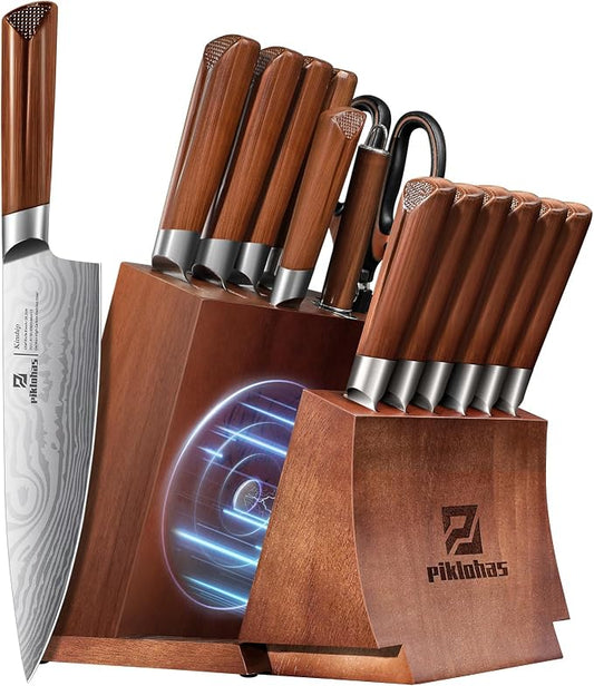 Kitchen Knife Sets With Block, Piklohas 15 Pieces Knife Sets With Magnetic Detachable Knife Holder, High Carbon Steel Damascus Pattern Chef Knife Set With Steak Knives, Ideal For House Warming Gift | High Carbon Stainless Steel Chef Knife Set with Shar...
