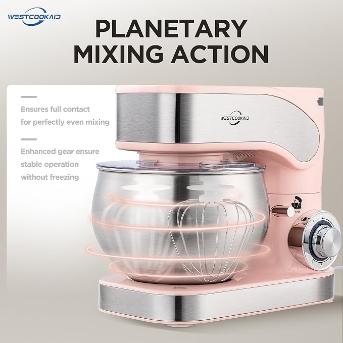Electric Stand Mixer 5.3QT 6+P Tilt-Head Speed Pink | Standing Food Mixer with Egg Cream Whisk, Dough Hook & Flat Beater, Perfect Bread Dough Mixer for Home Baking and Daily Use
