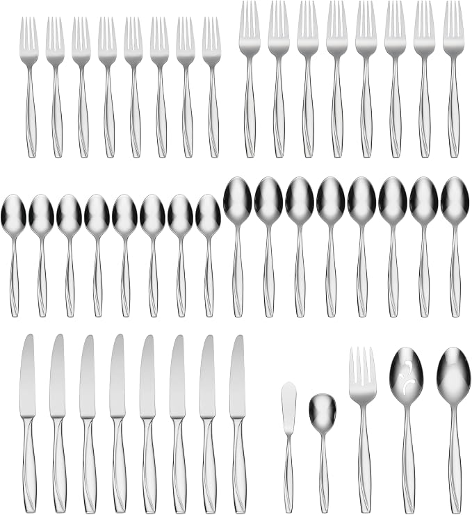 Oneida Camlynn Mirror 45 Piece Casual Flatware Set, 18/0 Stainless, Service for 8,Silver | mirror finish, dishwasher safe | includes serving spoons and utensil set | cutlery set, wedding silverware