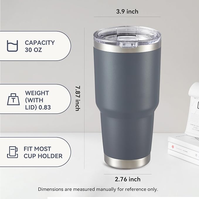 30 oz Tumbler with Lid Stainless Steel Tumblers Bulk, 8 Pack | Vacuum Insulated Cup, Leak Proof Lid, Powder Coated Travel Mug, Double Wall, Keep Cold Drinks for 12 Hours, Gray