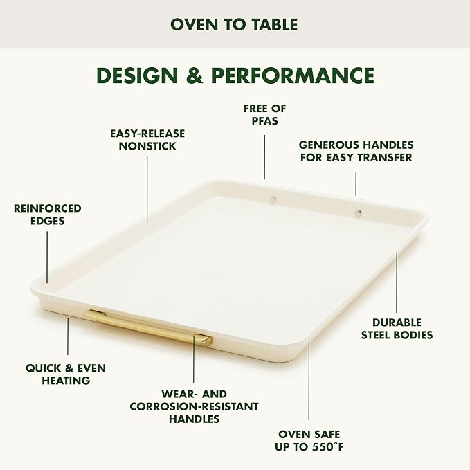 GreenPan Bakeware Set, 7 Piece Nonstick Ceramic Gold Handle Baking Sheets, Cake Pans, Loaf Pan, Muffin Tin, Cooling Rack, PFAS & BPA Free, Freezer to Oven Dish, Bake & Roast Ovenware, Cream