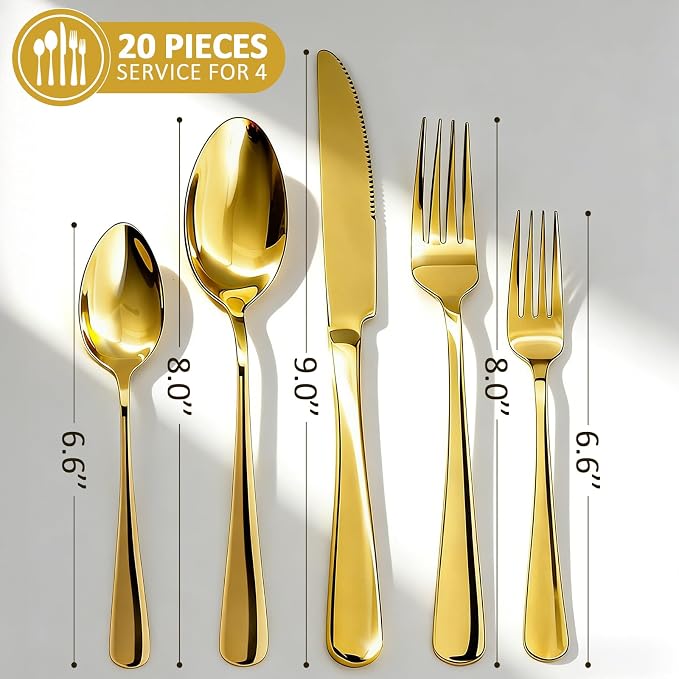 20 Piece Silverware Set, Kitchen Utensils Set for Restaurant & Home, Stainless Steel Cutlery Set, Flatware Set include Forks, Knives, Spoons, Gold