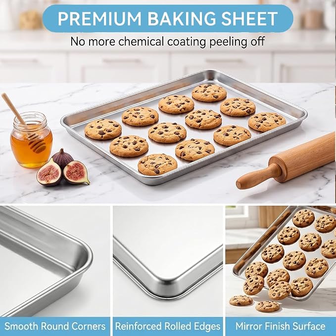 TeamFar Baking Sheet, 16"x 12"x 1" Stainless Steel Cookie Sheet Pan | Set of 2, Baking Pans Trays for Roasting/Cooking, Non-toxic & Healthy, Heavy Duty & Sturdy, Dishwasher Safe - Set of 2