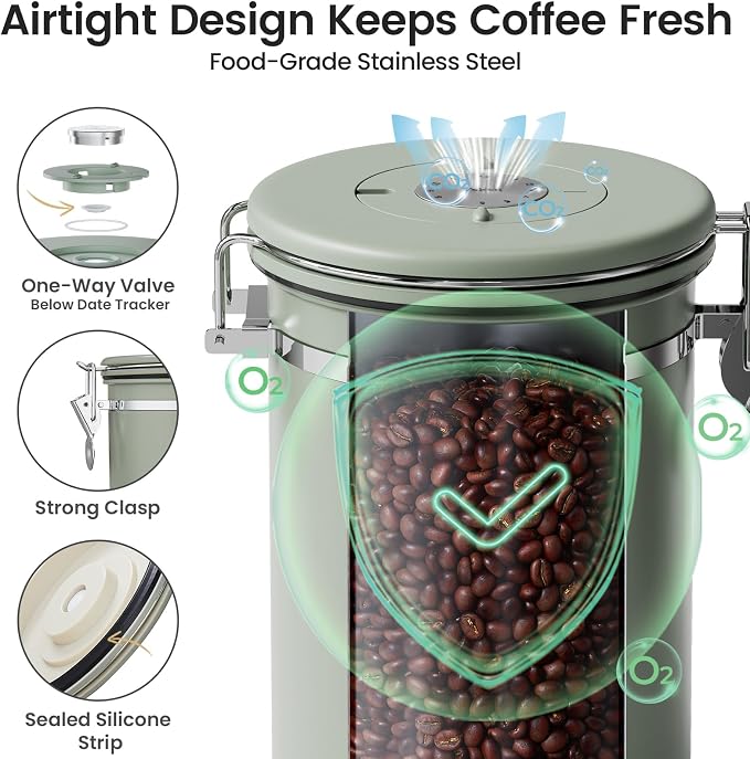 Veken Coffee Canister with Window, Airtight Stainless Steel Container, 22OZ | Date Tracker,Kitchen Food Storage Organizers for Beans, Ground, Espresso, Rice,Tea, Sugar,Cereal, Gifts,Lids,Jars,Scoop,Green