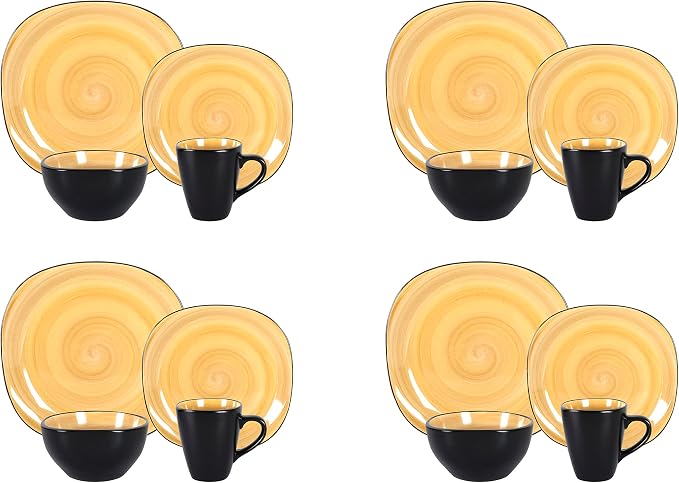 HomeVss, Stoneware Square 16pc Dinnerware Set, Inside Spinwash Swirl Yellow + Outside Black