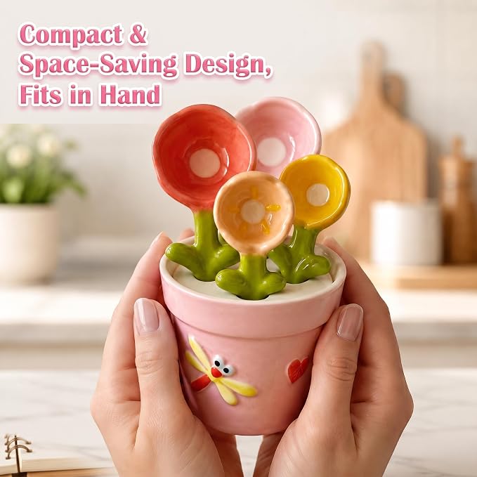 Cute Flower Ceramic Measuring Spoons Set with Base, Kitchen Decorate Gifts | Small Flower Pot Measuring Spoons and Cups with Holder, Home Baking Gifts Pink
