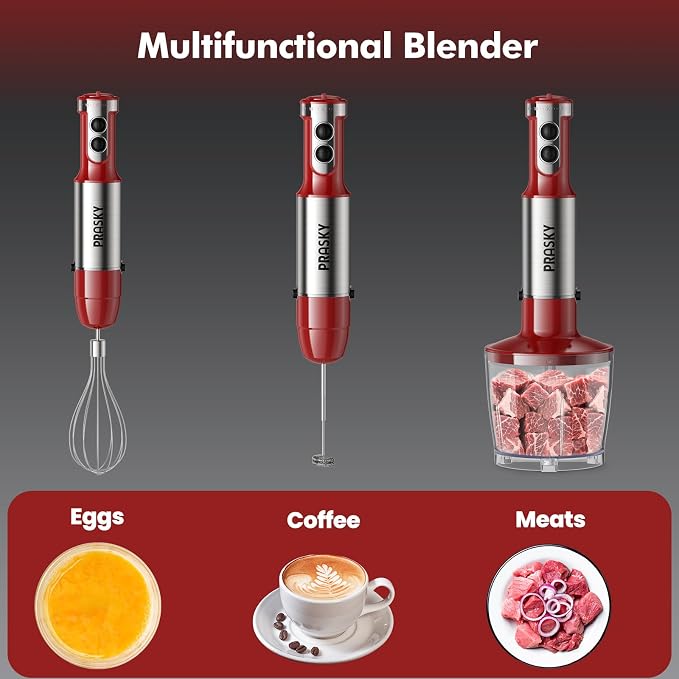 Immersion Blender Handheld 1200W, 20-Speed 5-in-1 Handheld Mixer | 4 Stainless Steel Blades, Milk Frother, Whisk, Beaker, for Smoothies, Protein Shakes, Kitchen Use, BPA-Free, Red