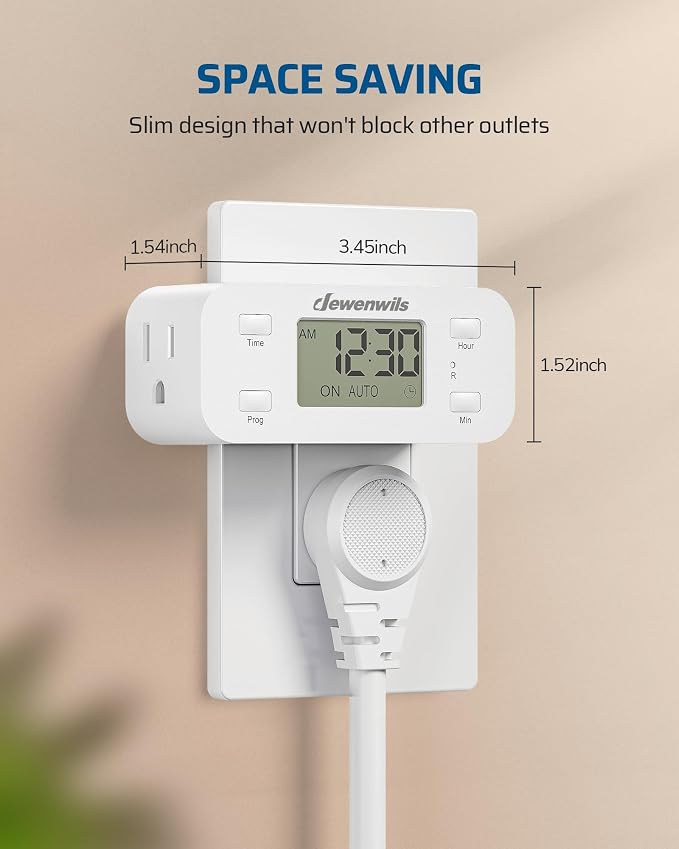 DEWENWILS Indoor 24 Hour Programmable Digital Timer Outlet, 1 Outlet,2 Pack | 3 On/Off Programs,125V/15A, 1/2 HP, 3 Prong Light Timer for Lamp,Aquarium, Christmas Decorations, Reptile Tanks,White