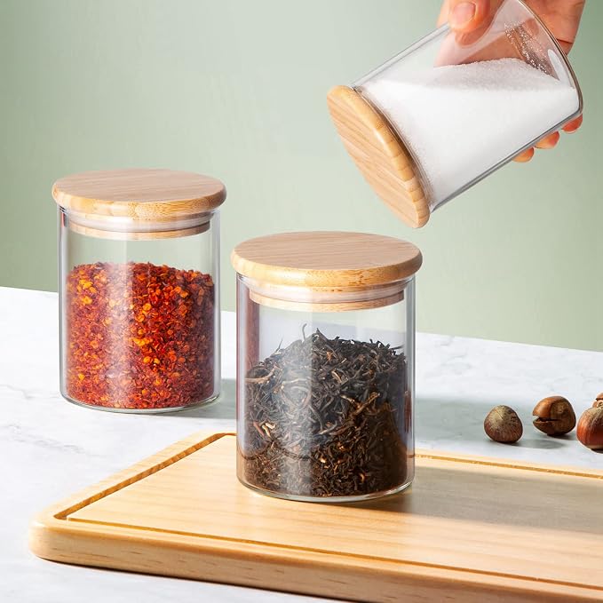 12 Oz Glass Jars with Bamboo Lid 3mm Thick Upgrade Clear (8 Pack) | Airtight, Thickened Glass, For Loose Leaf Tea Spice Herb Seasoning, Kitchen, Pantry, Food Storage Containers