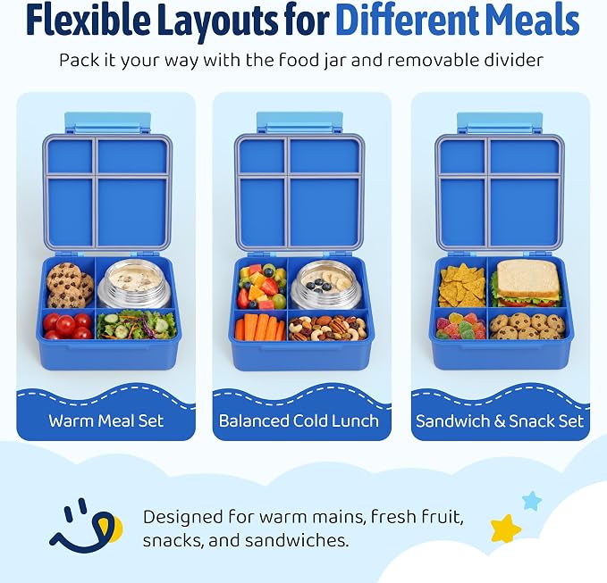 Bento Box for Kids with Thermo Food Container (9oz), 4-Compartment Lunch Box, Adjustable Divider, Leakproof Bento Lunch Box, Includes Utensils & Carry Bag for School, Office(Blue)