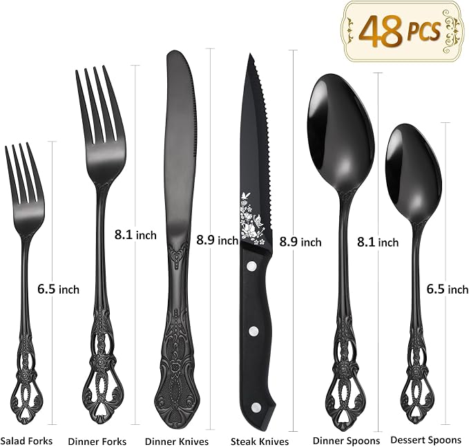 48 Pieces Black Gorgeous Retro Royal Silverware Set with Steak Knives For 8,Stainless Steel Fine Vintage Service Flatware Set Anti-rust Dark Unique Utensil Fork Spoon Knife, Dishwasher Safe