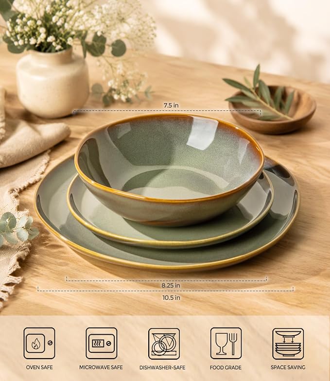 Ceramic Dinnerware Set for 4, 12-Piece Plates and Bowls Set | Handmade Reactive Glaze Dish Set, Scratch Resistant, Oven & Microwave & Dishwasher Safe, Sage Umber