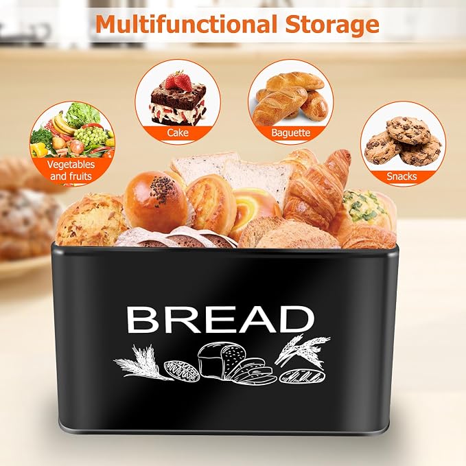 JIGUOOR Black Bread Box, Extra Large Space Saving Vertical Metal Bread Box | with Wooden Cutting Board Lid, Holds 3 Loaves, Farmhouse Kitchen Bread Storage, Kitchen Parts Box 12.99" x 7.08" x 7.08"