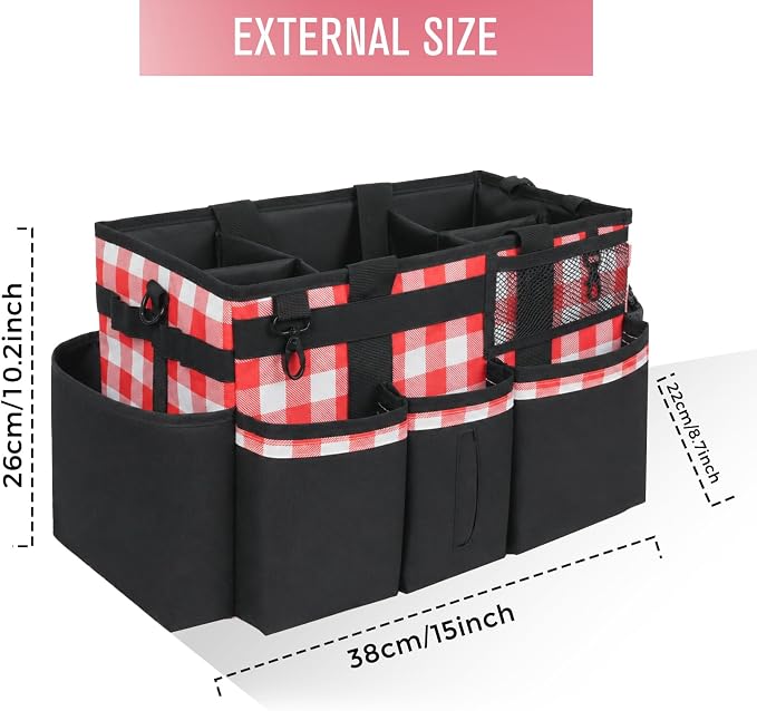 SCAVATA Wearable Cleaning Caddy, Cleaning Caddy Supplies Organizer with Handle & Shoulder Straps for Housekeepers, Under Sink & Car Cleaning Tool Organizers Bag with 4 Foldable Divider (RedPlaid)