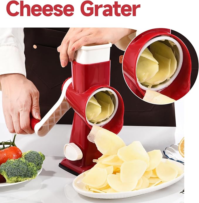 Rotary Cheese Grater with Handle Kitchen Shredder Slicer Grater Slicer Ice Shaver Cheese Vegetable Nuts Potato Zucchini Chocolate 3 Interchangeable Blades (RedWhite)
