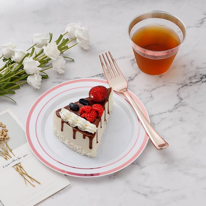 BESTVIP 600PCS Rose Gold Dinnerware Set for 100 Guests, Plastic Plates | for Party, 100 Rose Gold Disposable Plates, 100 Dessert Plates, 100 Cups, 100 Spoons, 100 Forks and 100 Knives