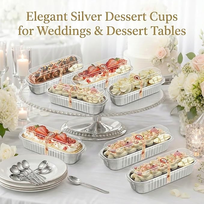 YQER 100 Pack Silver Mini Cake Pans with Lids and Spoons, 6.8 oz Disposable Aluminum Foil Mini Loaf Pans with Stickers, Individual Elegant Dessert Cake Tins Containers for Weddings, Winter Parties