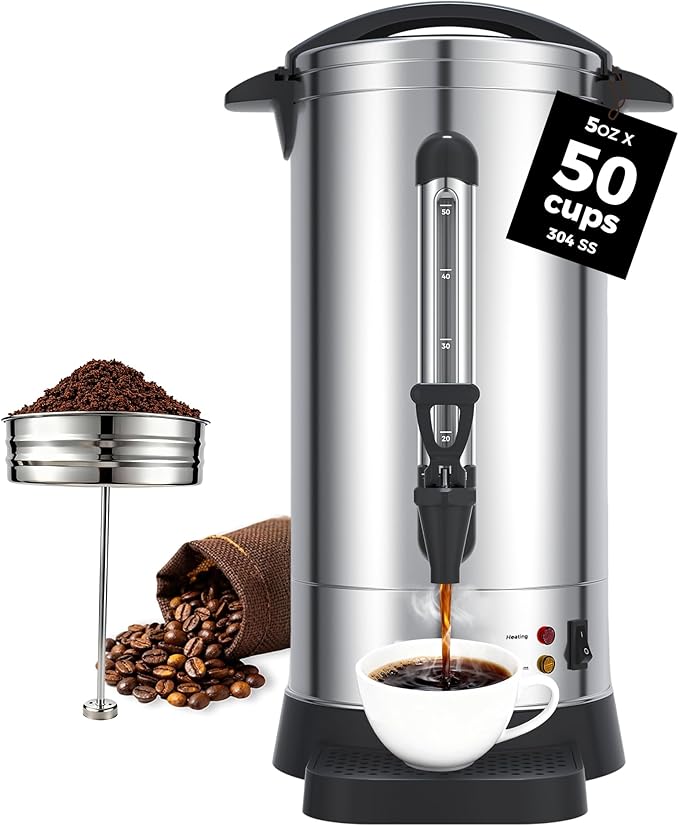 OSTBA 50-Cup Commercial Coffee Urn, 10L 304 Stainless Steel Percolator | 950W Fast-Brewing Coffee Maker and Hot Water Dispenser with Double-Wall Insulation for Home, Office, Catering and Events