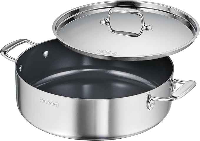 Tramontina Utsava Tri-Ply Clad Stainless Steel 6.5-Quart Casserole with Lid | Ceramic Non Stick Interior, Induction-Ready Large Braiser Pan