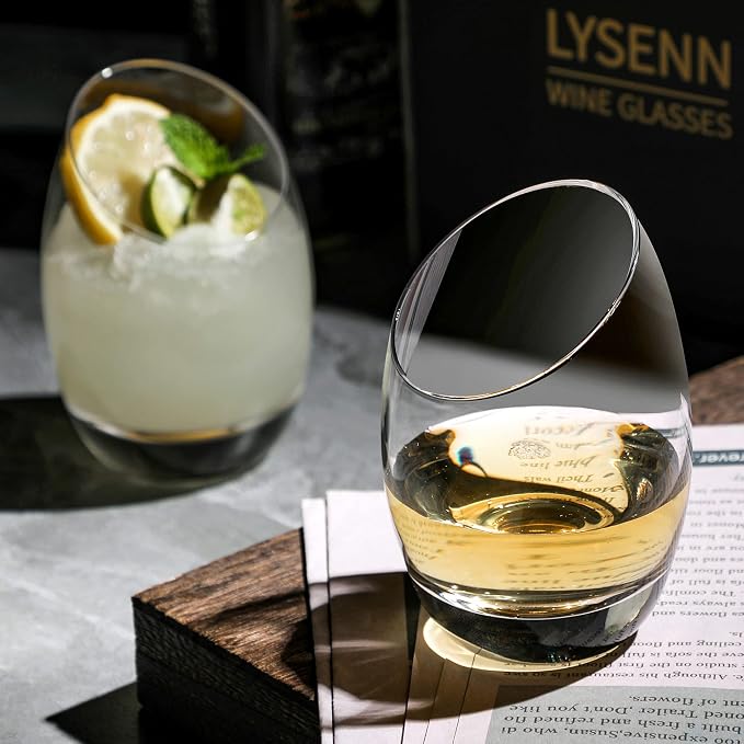 Lysenn Slanted Wine Glasses Set of 2, Hand Blown Stemless Cocktail Glasses | 10oz, Unique Design, Gold Base, Premium Quality, for Brandy, Bourbon and Whiskey, Home Bar Hosts, Dinner Party, Ideal Gift