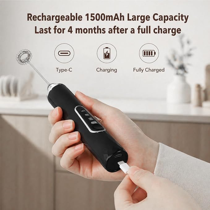 Rechargeable Handheld Milk Frother, 3-Speed & 2 Detachable Whisks,10000RPM | Electric Coffee Frother Wand for Lattes, Cappuccino, Matcha, Hot Chocolate, Protein Drinks, Kitchen Gifts