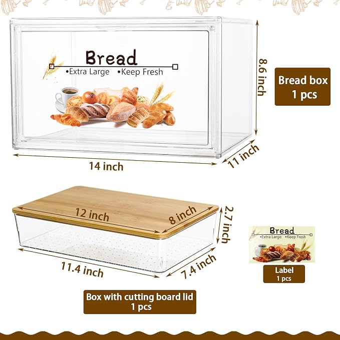 RISICULIS Large Bread Box for Kitchen Countertop, Bread Storage Container, and Utensil Organizer with Bamboo Cutting Board Lid, Clear Bin, Keeper for Homemade Bagel, Muffins, Rolls
