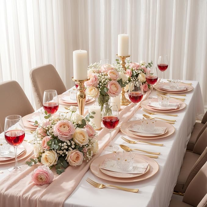 KIRE 350 PCS Pink Disposable Plates - Plastic Dinnerware Set for Wedding | Include 100PCS Pink and Gold Plates, 50PCSPre Rolled Napkins with Silverware & 50PCS Cups for Party