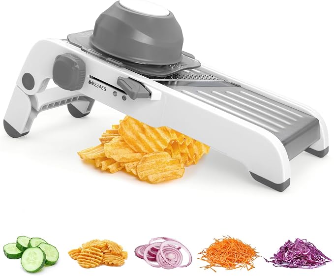 Mandoline Slicer for Kitchen, Adjustable Vegetable Potato Slicer | Stainless Steel Safe Mandolin Veggie Fruit Cutter with Food Holder, for Onion Cucumber Tomato Carrot, Grey