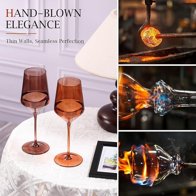comfit Venus Wine Glasses Set of 6-14oz [Hand-Blown] Maillard-Inspired Amber & Espresso Stemware, Brown Crystal Wine Glasses, Birthday Wedding Housewarming Valentine's Day Gifts