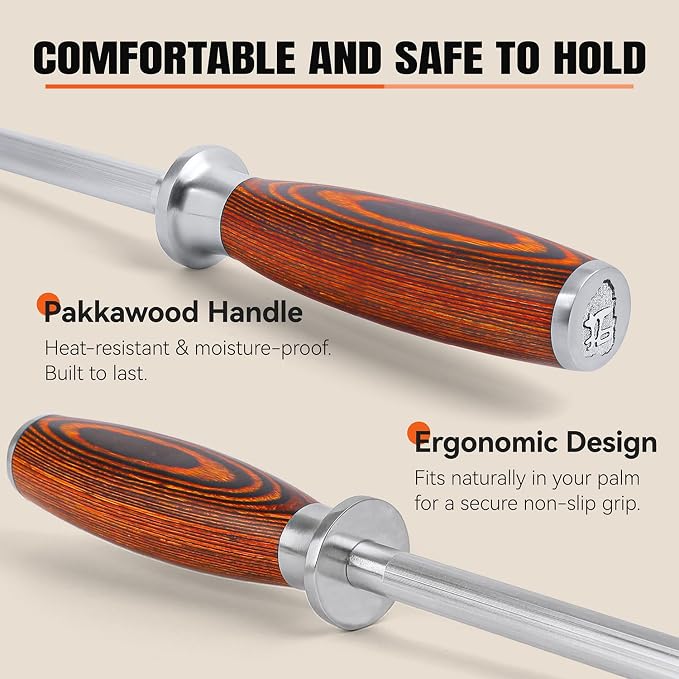TUO Honing Rod, Sharpening Steel with Larger Diameter for Kitchen Knife Daily Honing Maintenance, High Carbon Steel 8" Knife Sharpener Rod, Ergonomic Handle