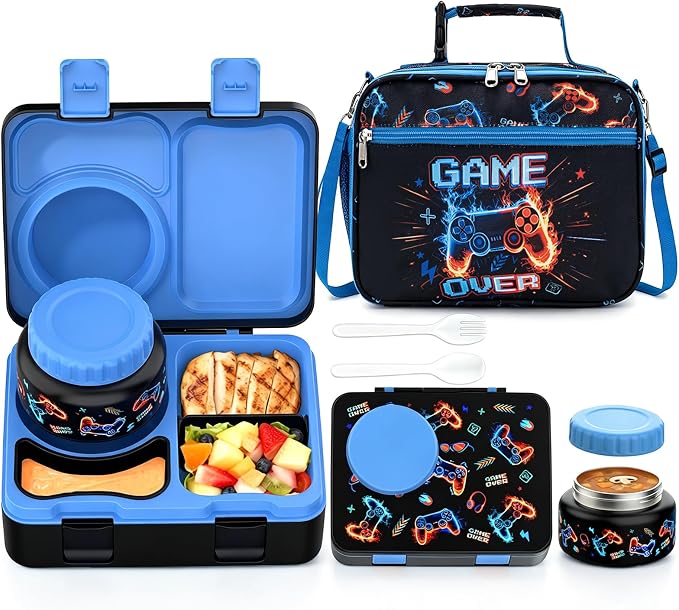 Bento Box for Kids, Leakproof Kids Lunch Box with 8.5OZ Thermo Food Jar & Lunch Bag, 3-4 Compartments Toddler Insulated Lunch Box for Boys, BPA Free Lunch Containers for School Daycare