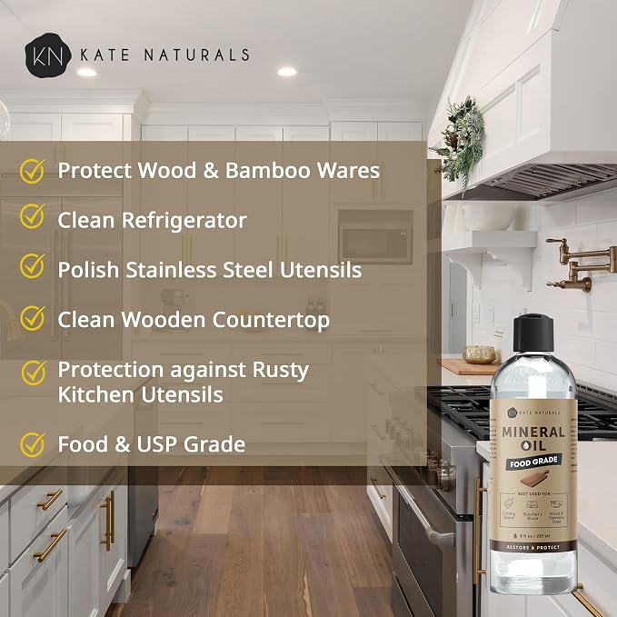 Kate Naturals Mineral Oil for Wood Cutting Board, Food Grade, Odorless, 8oz | Food Safe Mineral Oil to Protect Wooden Cutting Board, Butcher Block, Utensils, Bamboo Boards, Stainless Steel Knife