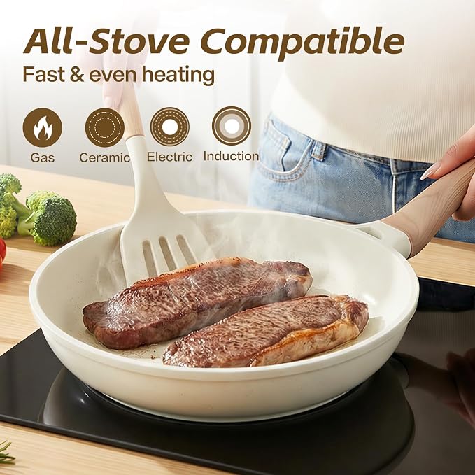 UESLUCK 10 Inch Creamic Non Stick Frying Pan With Lid- Large Creamic Skillet With lid, Omlet Pan Non Stick With Cool-Touch Handle, PFAS & PTFE Free, Compatible with All Stovetops