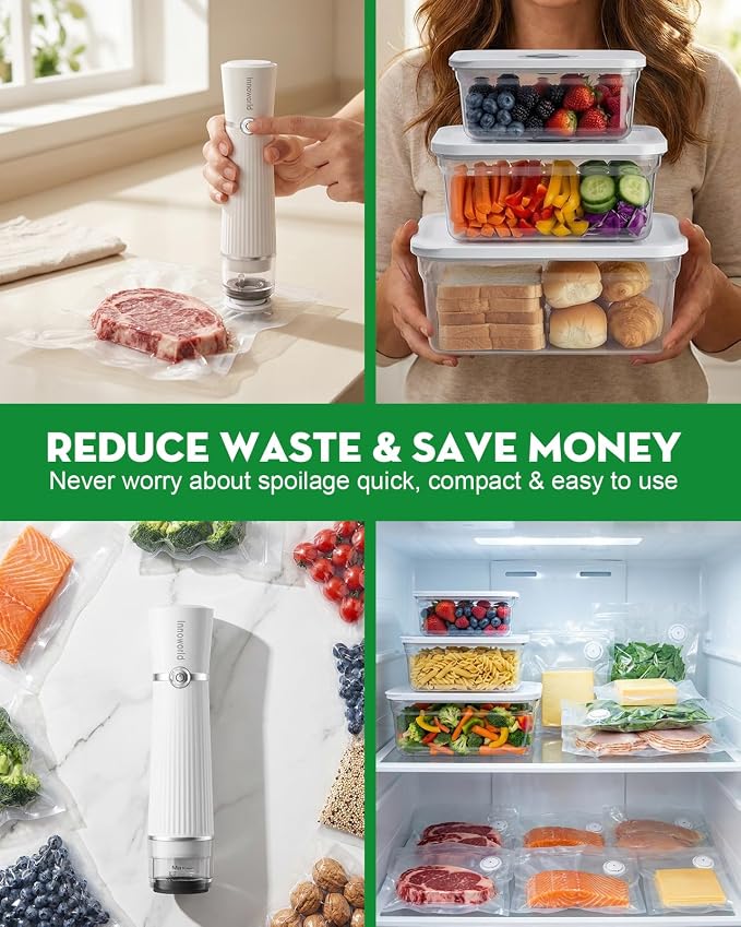Compact Vacuum Sealer with 3 Vacuum Containers and 14 Reusable Vacuum Bags | Powerful 60 kPa Suction, 6X Preservation & Fresh, Visible Water Tank, Ideal for Meal Prep, Durable Polycarbonate Containers