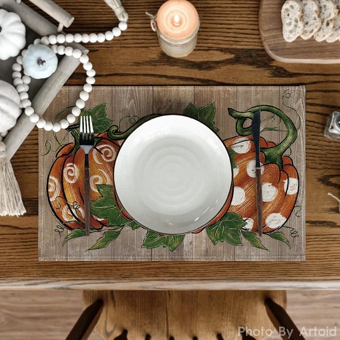 Artoid Mode Wood Polka Dot Pumpkins Fall Placemats Set of 6-12 x 18 Inch | Heat-Resistant Table Mats, Washable Seasonal Autumn Kitchen Dining Decor
