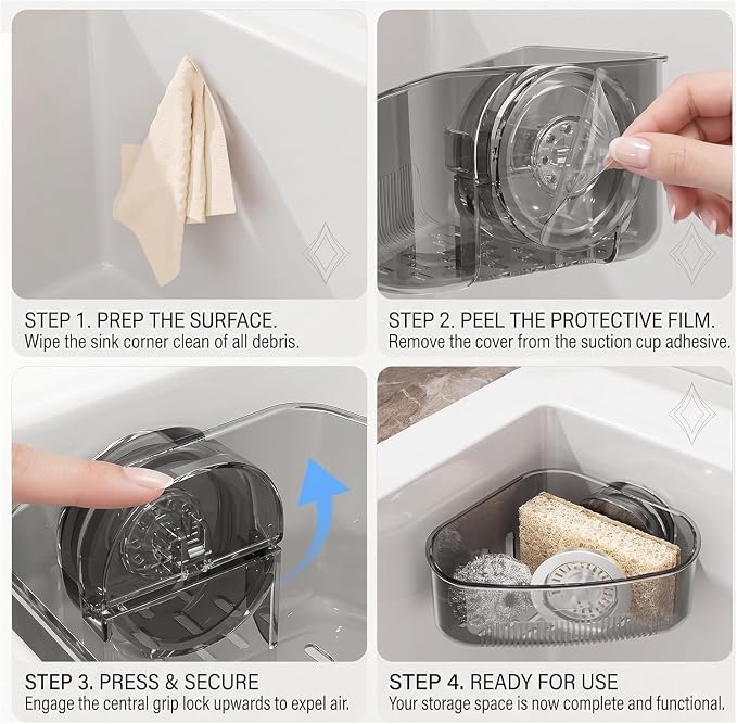 2PCS Corner Sink Organizer Rack for Kitchen - Triangular Sponge Holder & Dish Brush Caddy with Powerful Vacuum Suction Cup Mount - Fast Draining Storage Basket for Sink, Bathroom & Laundry
