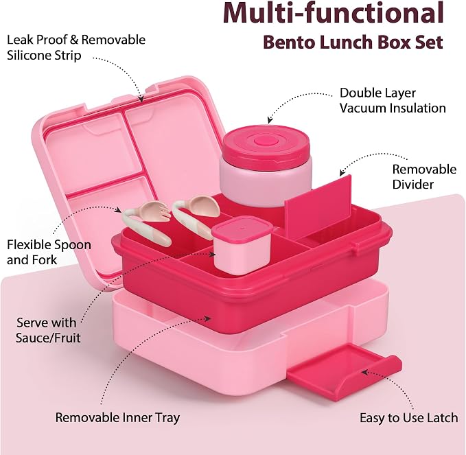 Kids Bento Lunch Box Set with 9.5oz Soup Thermo, Leak-Proof Lunch Food Containers with 3 Compartment and Removable Inner Tray, Insulated Hot Food Jar with Lunch Bag for School, Office, Pink