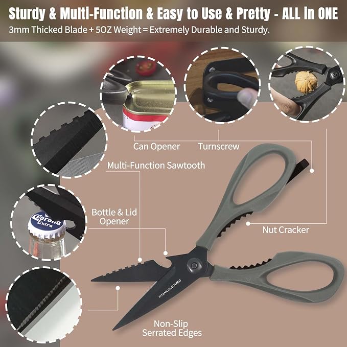 Kitchen Scissors All Purpose, Extra Sharp Kitchen Shears with Knife Sharpener & Sheath, Solid & Durable Stainless Steel Scissors with ANTI-RUST Black Titanium Plated, Dishwasher Safe – Grey