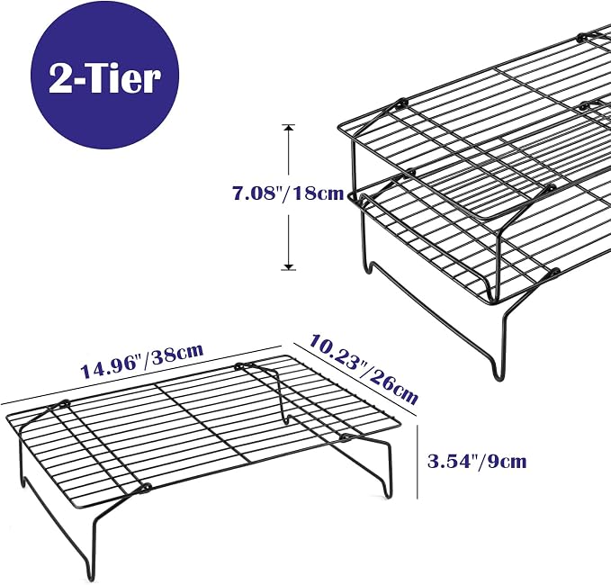 Leonyo Cooling Rack, 2 Tier Stainless Steel Stackable Baking Cooking Racks for Cooling Roasting Grilling, Collapsible & Heavy Duty, Oven Safe & Easy Clean, 15" x 10", Black