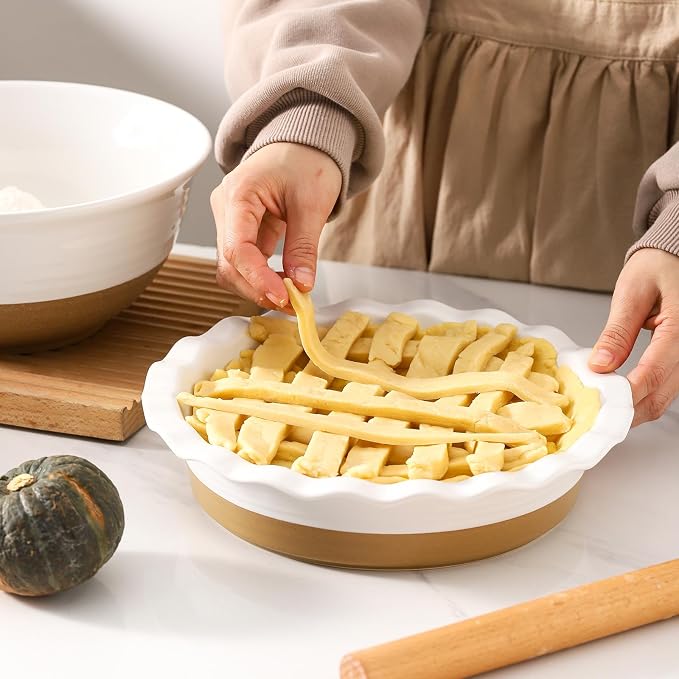 HASENSE Ceramic Pie Pan, 9 Inch Quiche Pie Dish for Baking, Apple Pie, Tart, and Cake, Farmhouse White Round Baking Dish, Microwave & Oven Safe, Ideal Gift for Kitchen