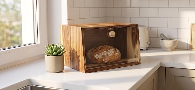 Dstuff Large Acacia Wood Bread Box for Kitchen Countertop - Minimalist Wooden Breadbox with Frameless Acrylic Window & Hidden Hinges - Farmhouse Storage Cabinet Organizer, Bread Box, Wood Box