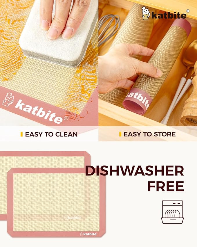 Katbite Silicone Baking Mat Set of 3 Pink | 2 Half Sheets Mats + 1 Quarter Baking Sheet, Reusable & Nonstick Bakeware Mats for Cookies, Macarons, Bread