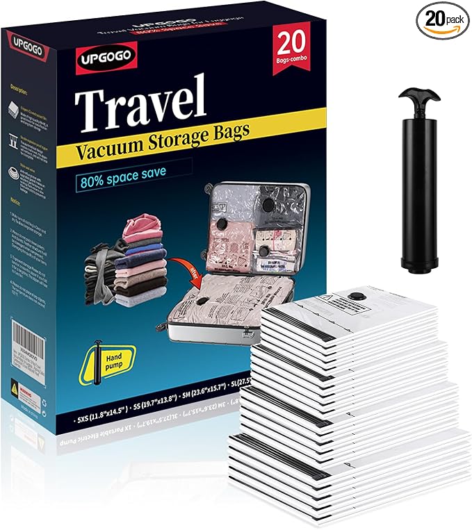 UPGOGO Travel Vacuum Bags for Luggage with Hand Pump,Vacuum Seal Bags for Clothing,Packing Cubes Compression,Cruise Ship and Travel Essentials(Combo 20 Pack)