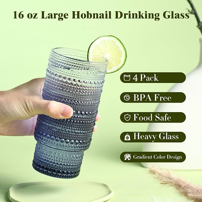 Large Capacity 16 oz Hobnail Drinking Glasses Set of 4, Vintage Glassware Drinking Glasses, Gray-blue Water Glasses Tumbler, Cups for Kitchen, Juice, Beer, Cocktail, Whiskey